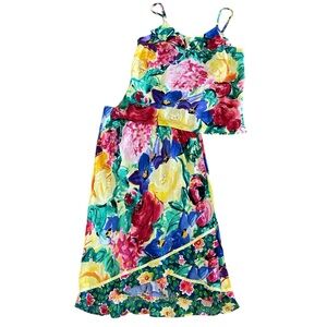 Jam's World Matching Two Piece Outfit Top & Skirt Sz M Flower Patch Hawaiian